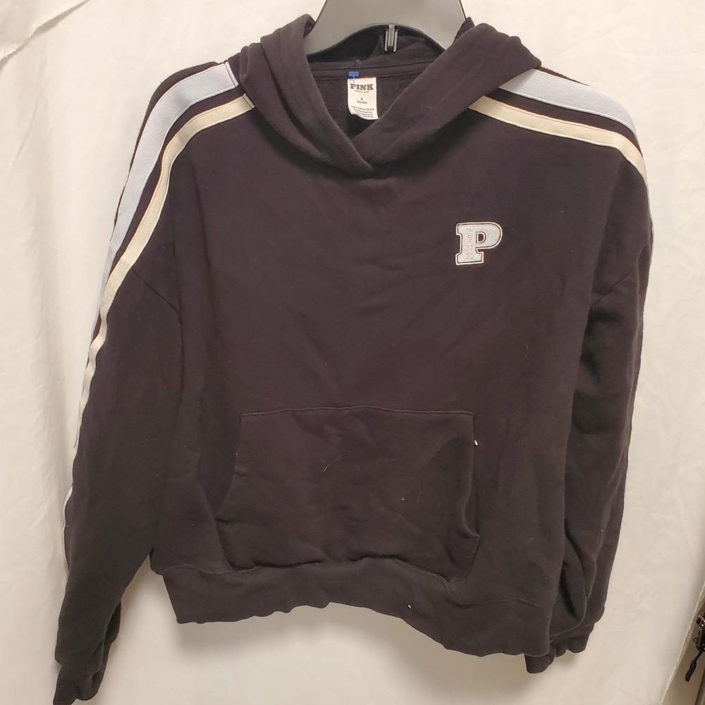 Victoria's Secret Pink Pullover Hoodie Black Campus Varsity Medium Striped